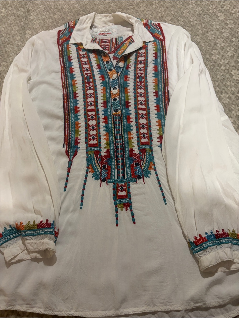 Johnny Was White Tunic Blouse with Multicolor Embroidery